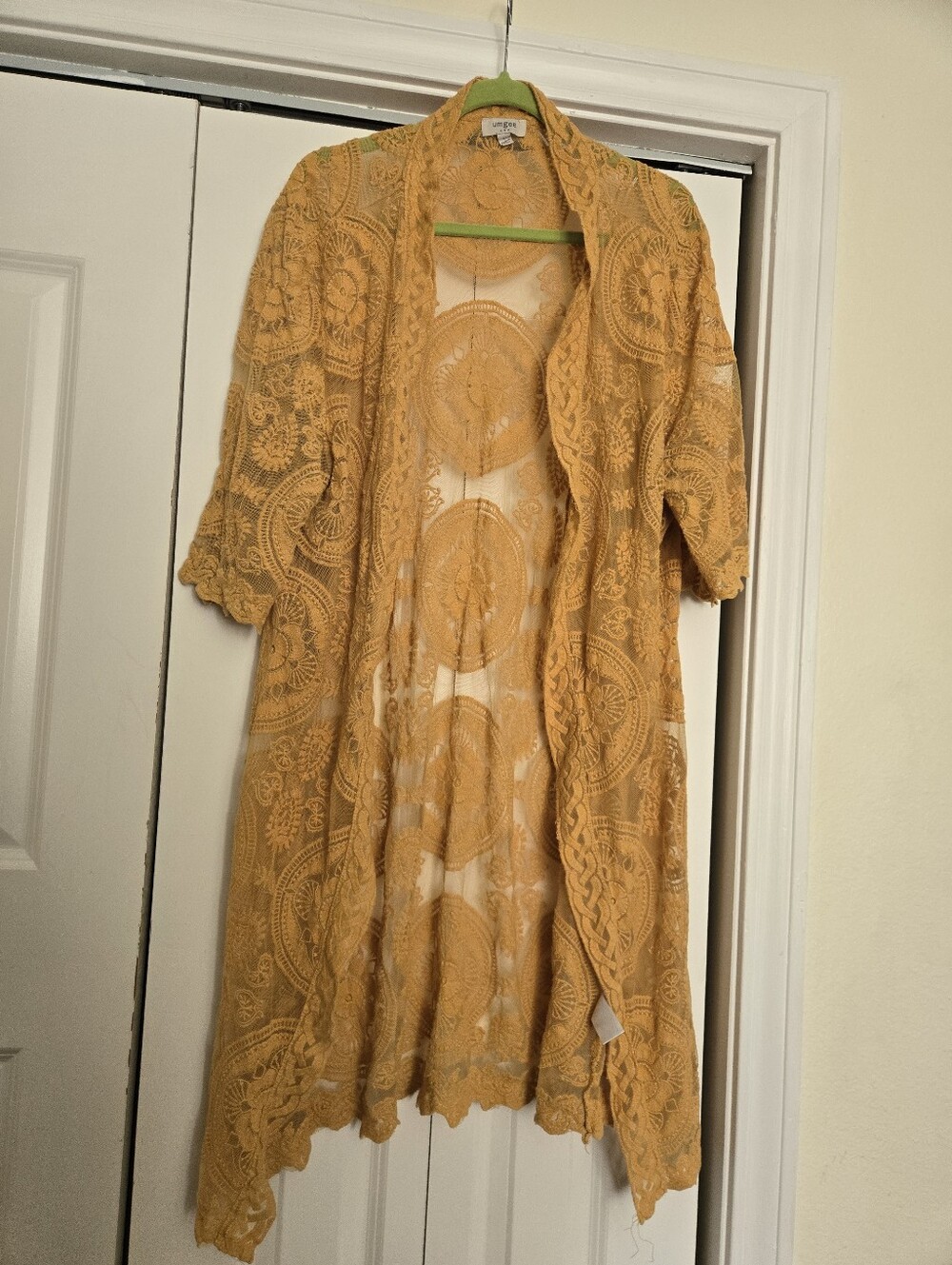 Umgee Mustard Lace Open Cardigan Duster